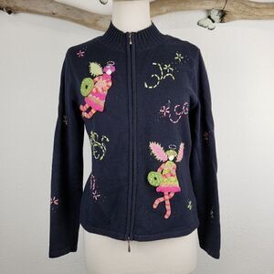 Talbots folk art Christmas holiday zip cardigan